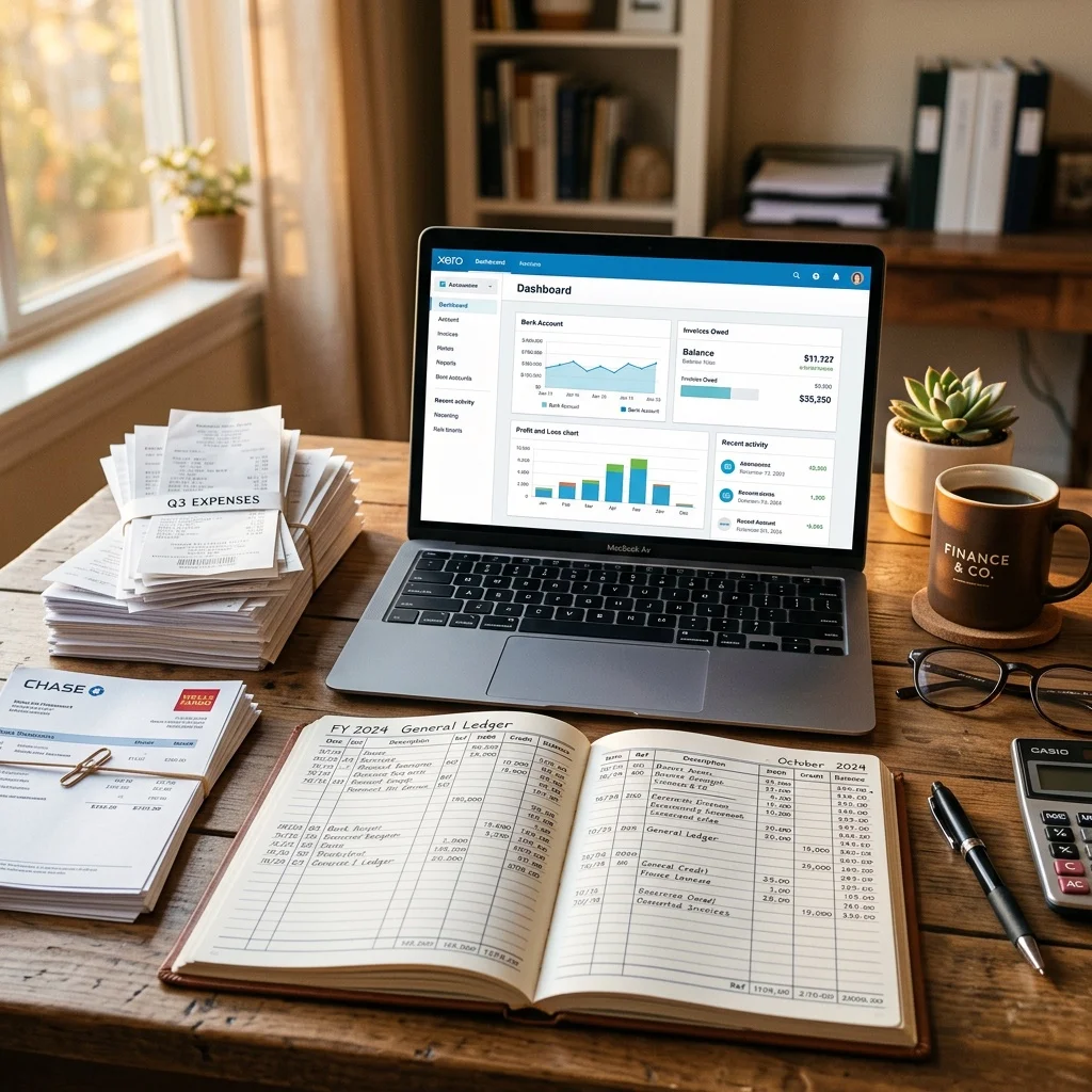 Professional bookkeeper organizing financial records and ledgers in modern office