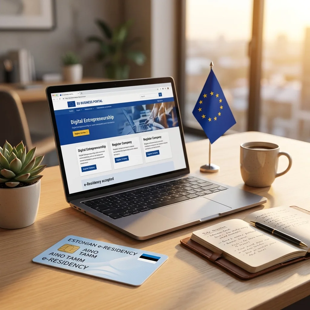Digital nomad working on laptop with Estonian e-Residency card and EU business documents