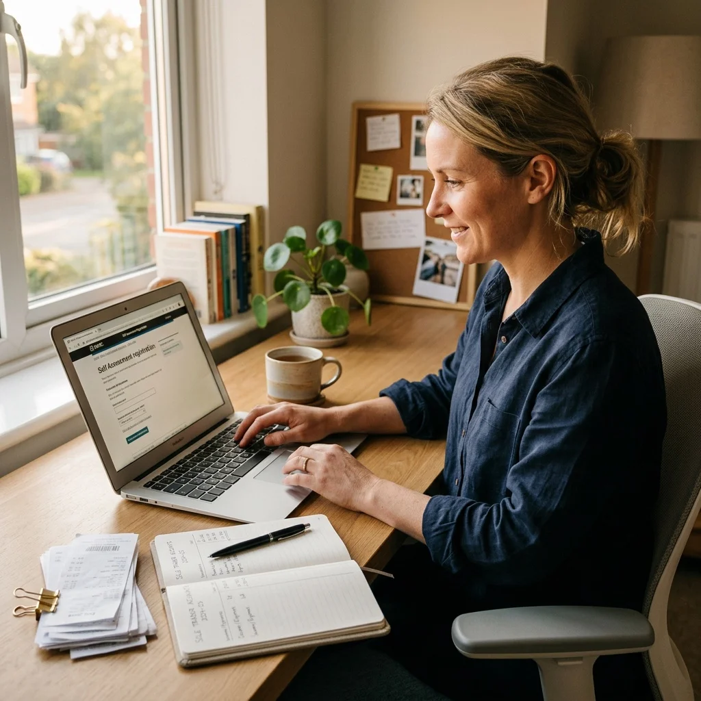 Self-employed professional working from home office with accounting software and invoices