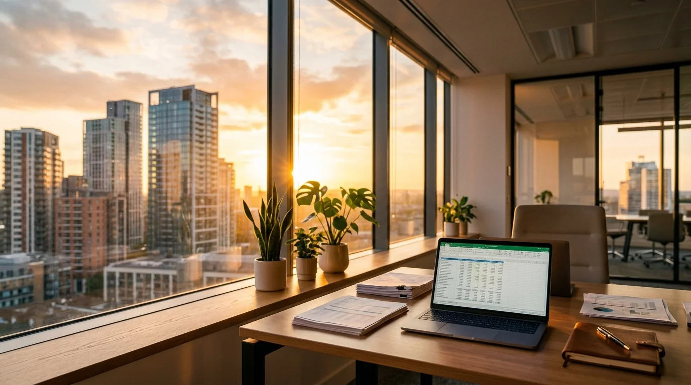 Golden Tree accounting office overlooking Croydon skyline at golden hour