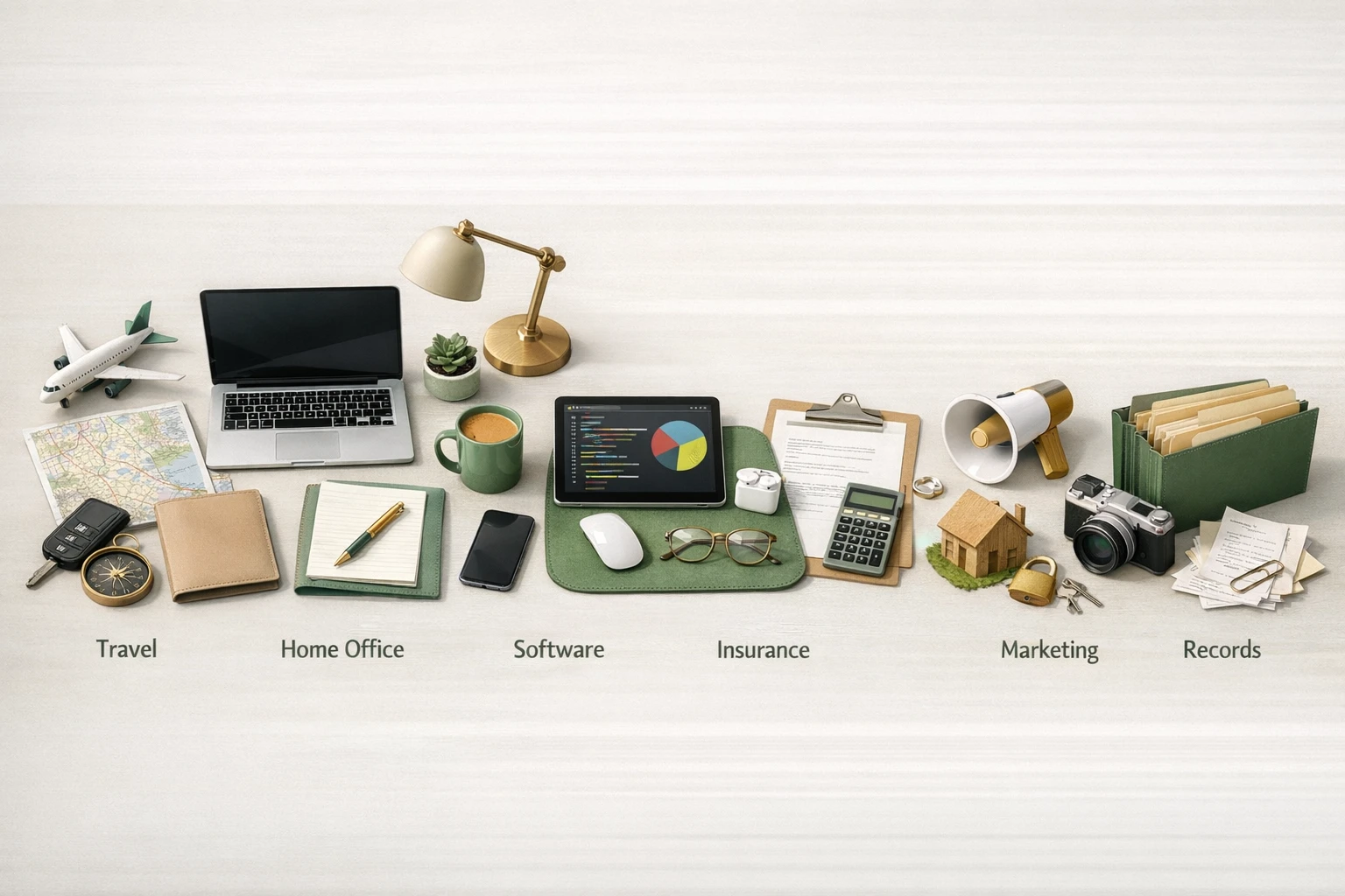 Clean infographic showing key self-employed expense categories and examples of allowable versus non-allowable costs in the UK