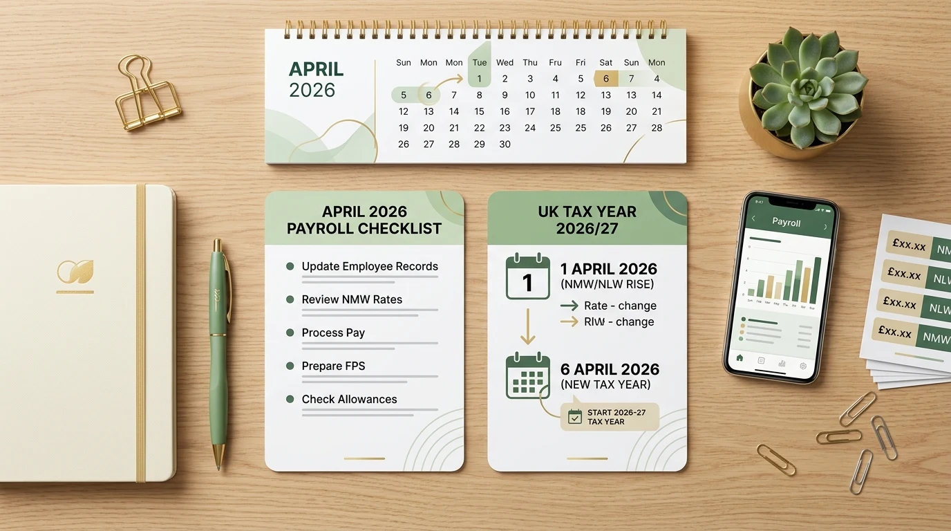 Checklist-style visual showing April 2026 payroll actions, minimum wage rates, and the split between 1 April wage updates and 6 April tax-year changes