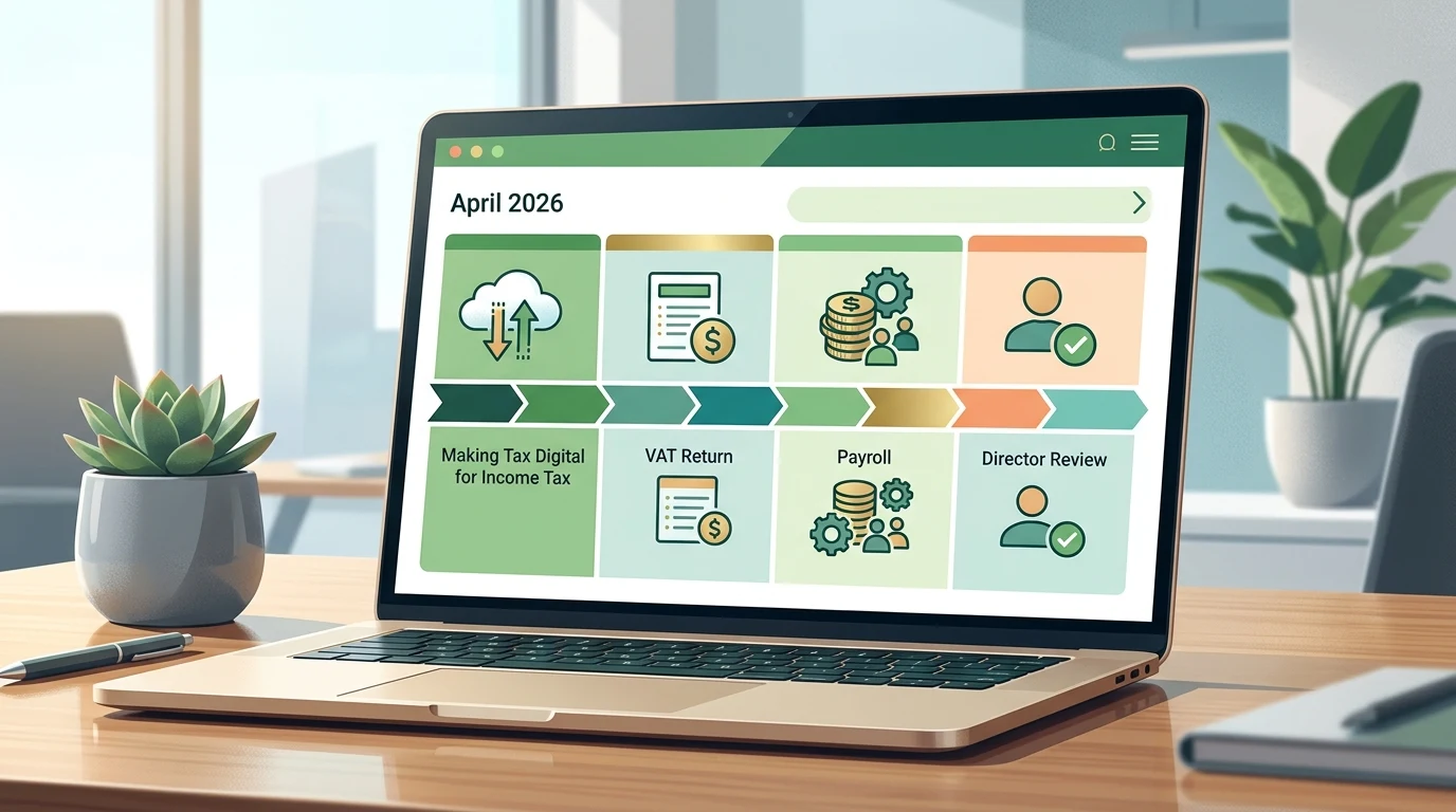 Clean visual showing a small business April 2026 compliance dashboard with MTD for Income Tax, VAT, payroll, and director review tasks arranged on a timeline