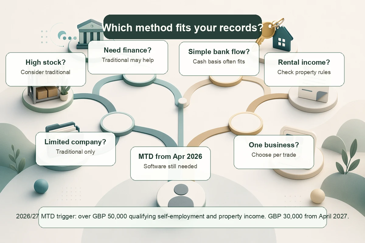 Decision map showing which businesses may fit cash basis or traditional accounting in 2026/27