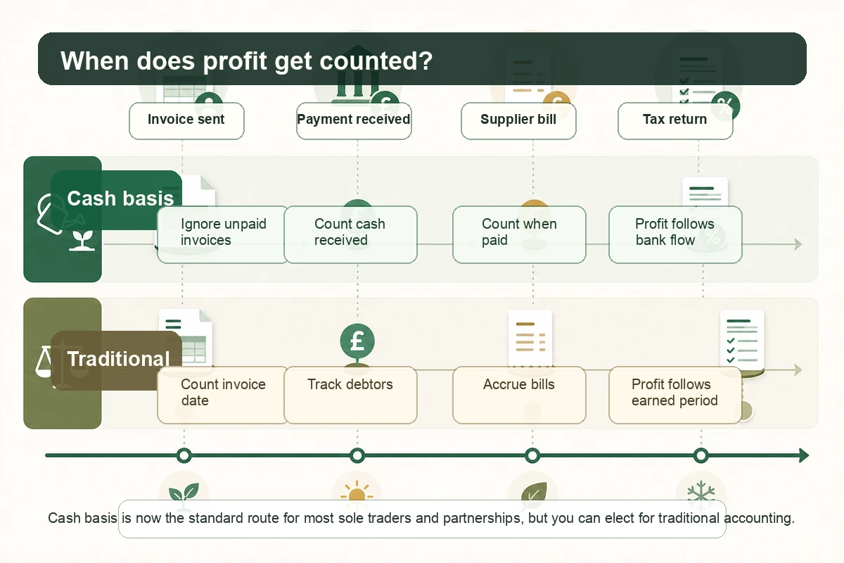 Timing comparison showing when income and costs are counted under cash basis and traditional accounting