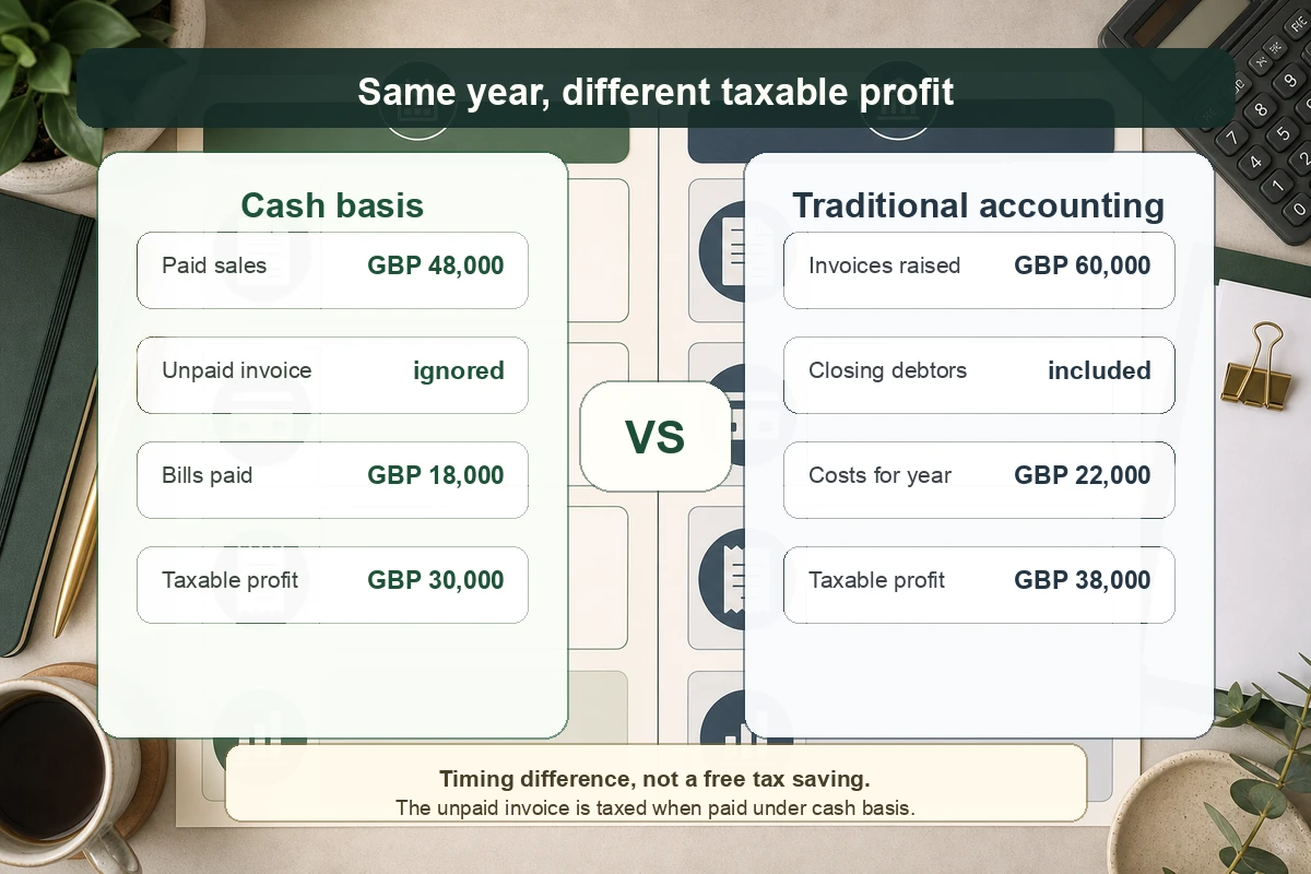 Worked example comparing cash basis taxable profit of GBP 30,000 with traditional accounting taxable profit of GBP 38,000