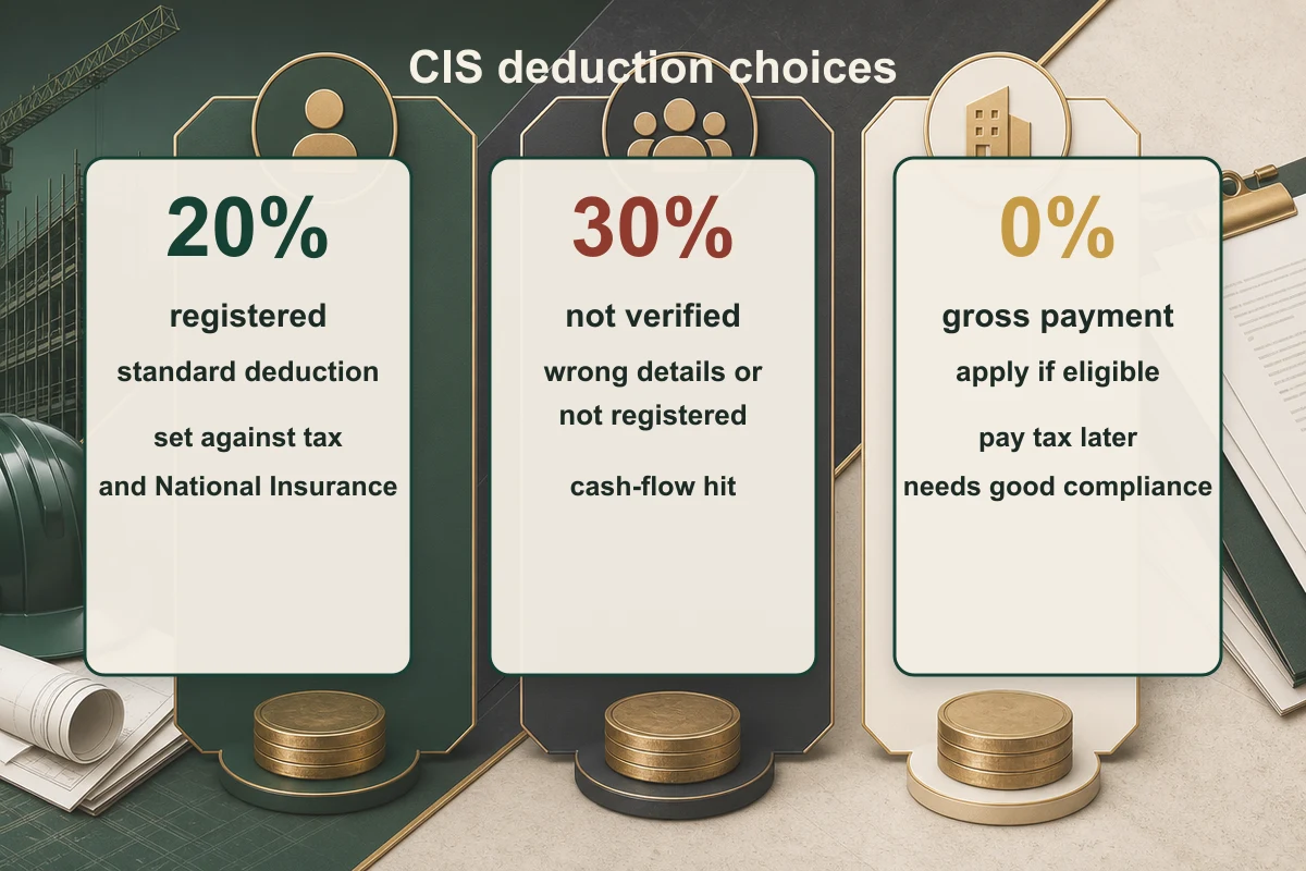 CIS deduction rates visual comparing 20 percent registered deductions, 30 percent unverified deductions, and 0 percent gross payment status