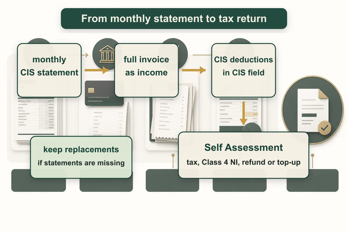 CIS record flow image showing monthly statements, full invoices as income, CIS deductions in the tax return, and missing statement replacements