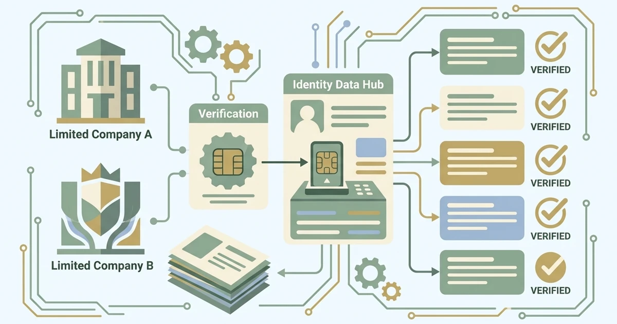 Clean workflow illustration showing two steps for Companies House identity verification: verify identity once, then provide the same personal code across multiple company roles