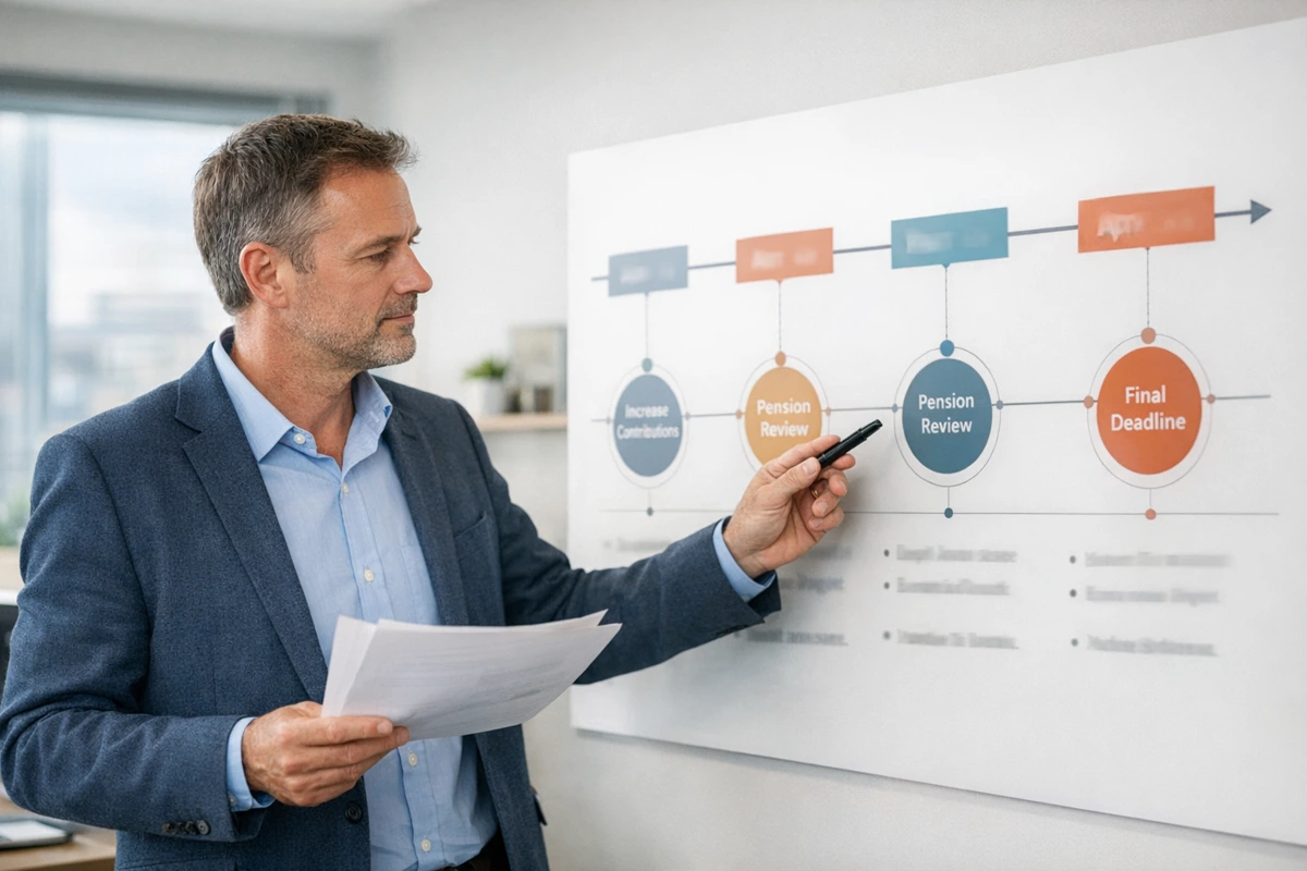Timeline-style graphic for director pension contribution planning milestones before 5 April and Self Assessment claim timing