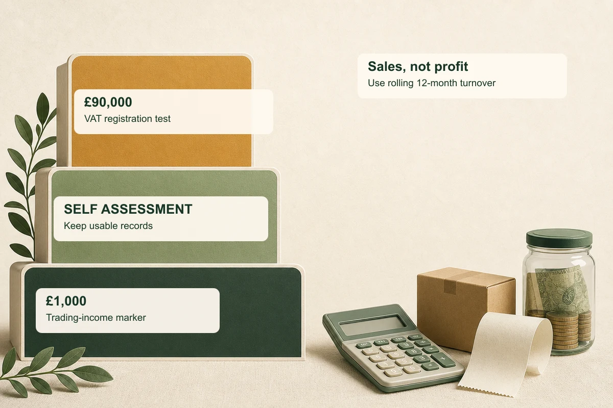 Etsy seller sales threshold ladder showing £1,000 trading-income marker, Self Assessment records, and the £90,000 VAT registration test