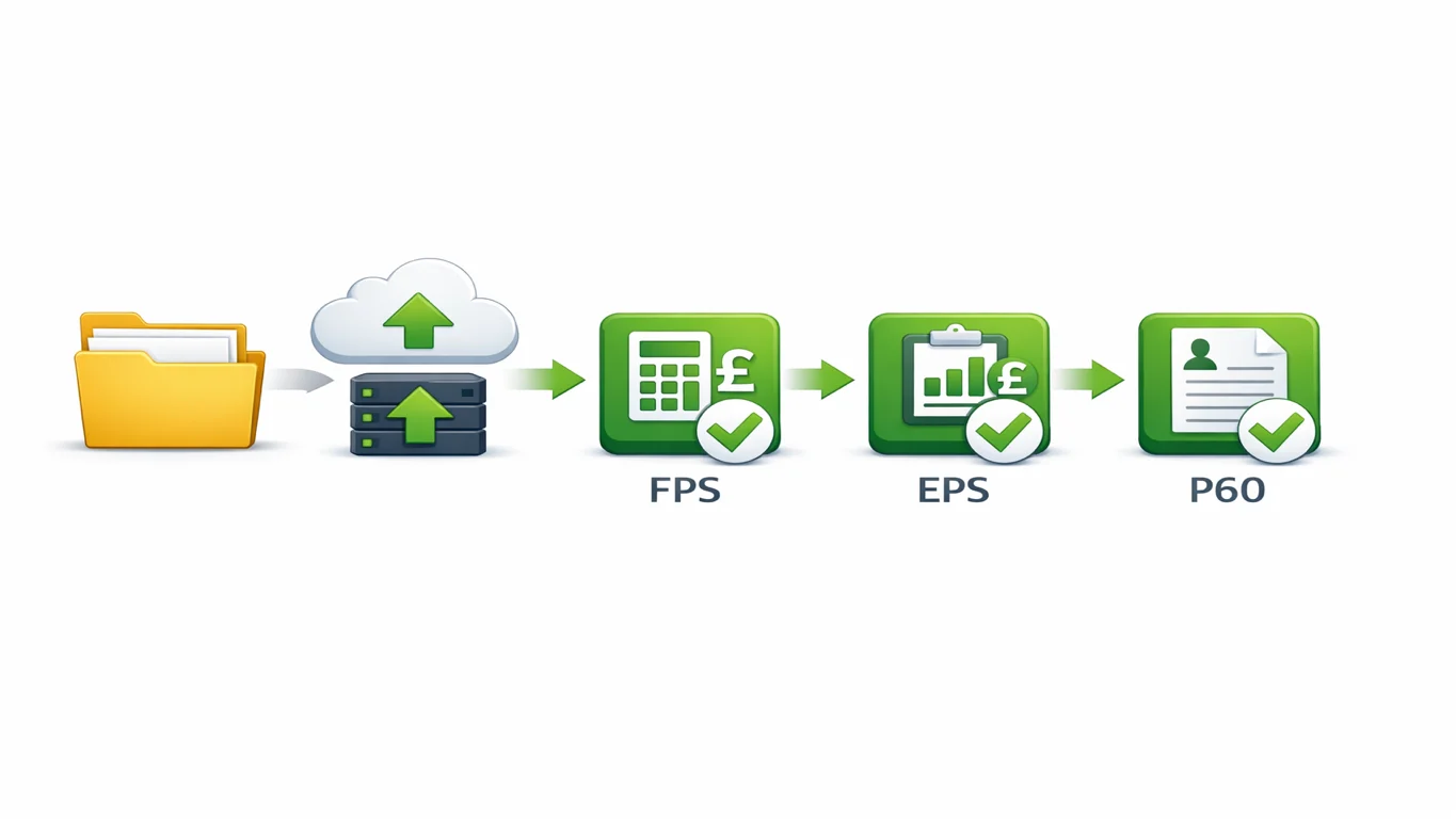 Workflow graphic outlining final FPS filing, optional EPS submission, and P60 issuing steps for UK payroll year-end