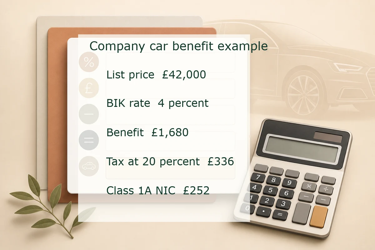 Calculation card showing a £42,000 electric company car benefit example at 4 percent for 2026/27