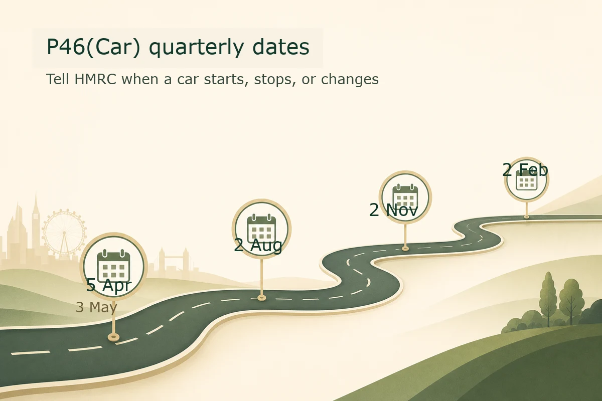 Roadmap style visual showing P46 Car quarterly reporting dates for 2026/27