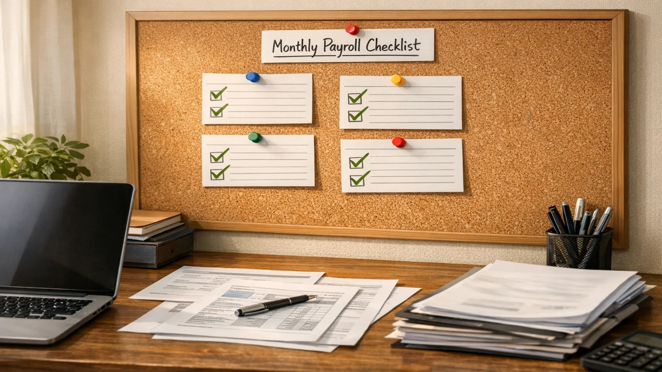 Checklist board showing UK employer P60 preparation tasks and month-by-month payroll controls after tax year-end