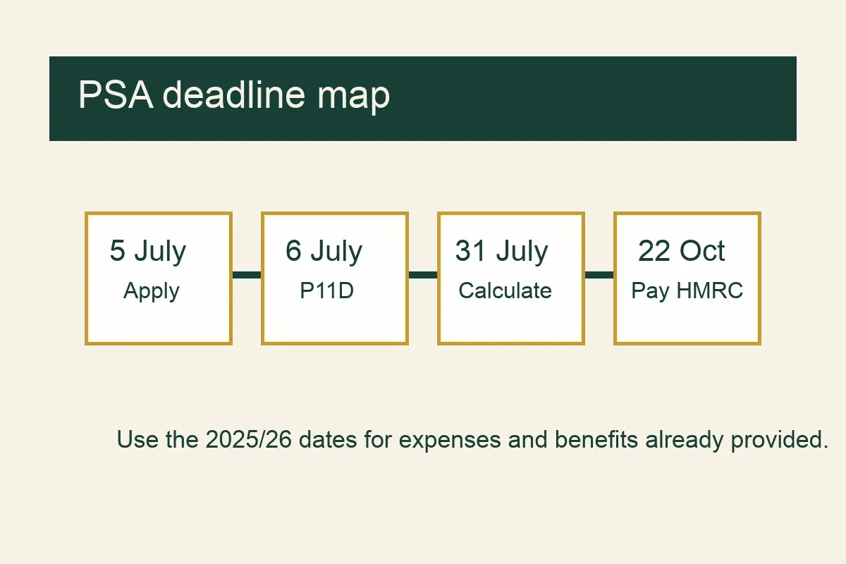 PAYE Settlement Agreement deadline map showing 5 July apply, 6 July P11D, 31 July calculate, and 22 October pay HMRC