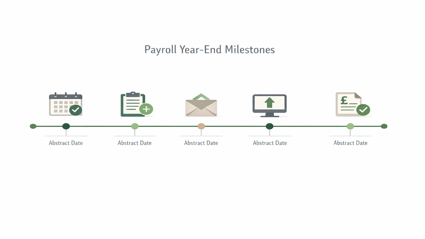Calendar-style payroll timeline showing UK employer deadlines from 5 April to 31 May and July filing points