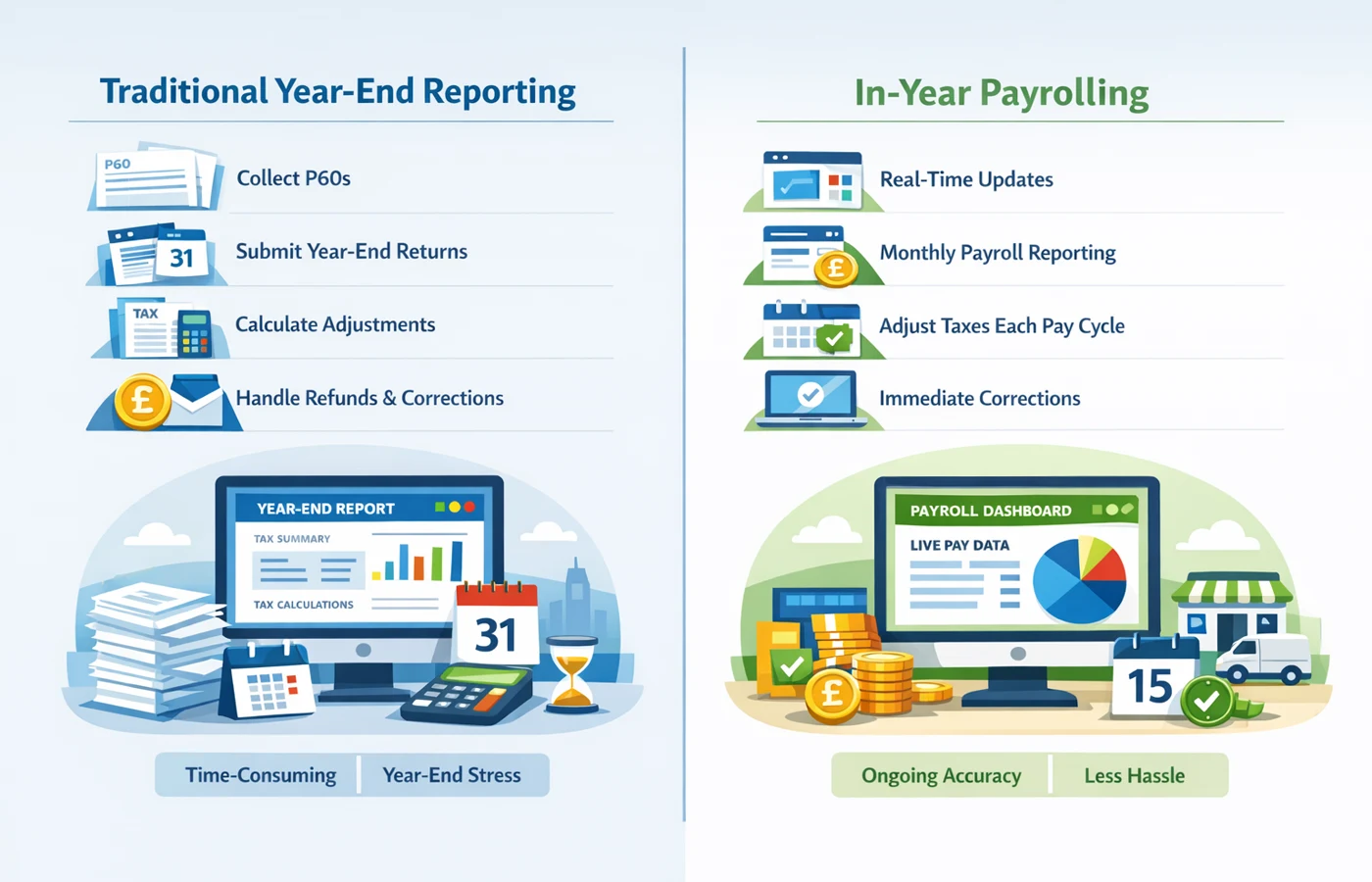 Split comparison graphic showing traditional P11D process versus payrolling benefits in kind workflow for UK payroll teams