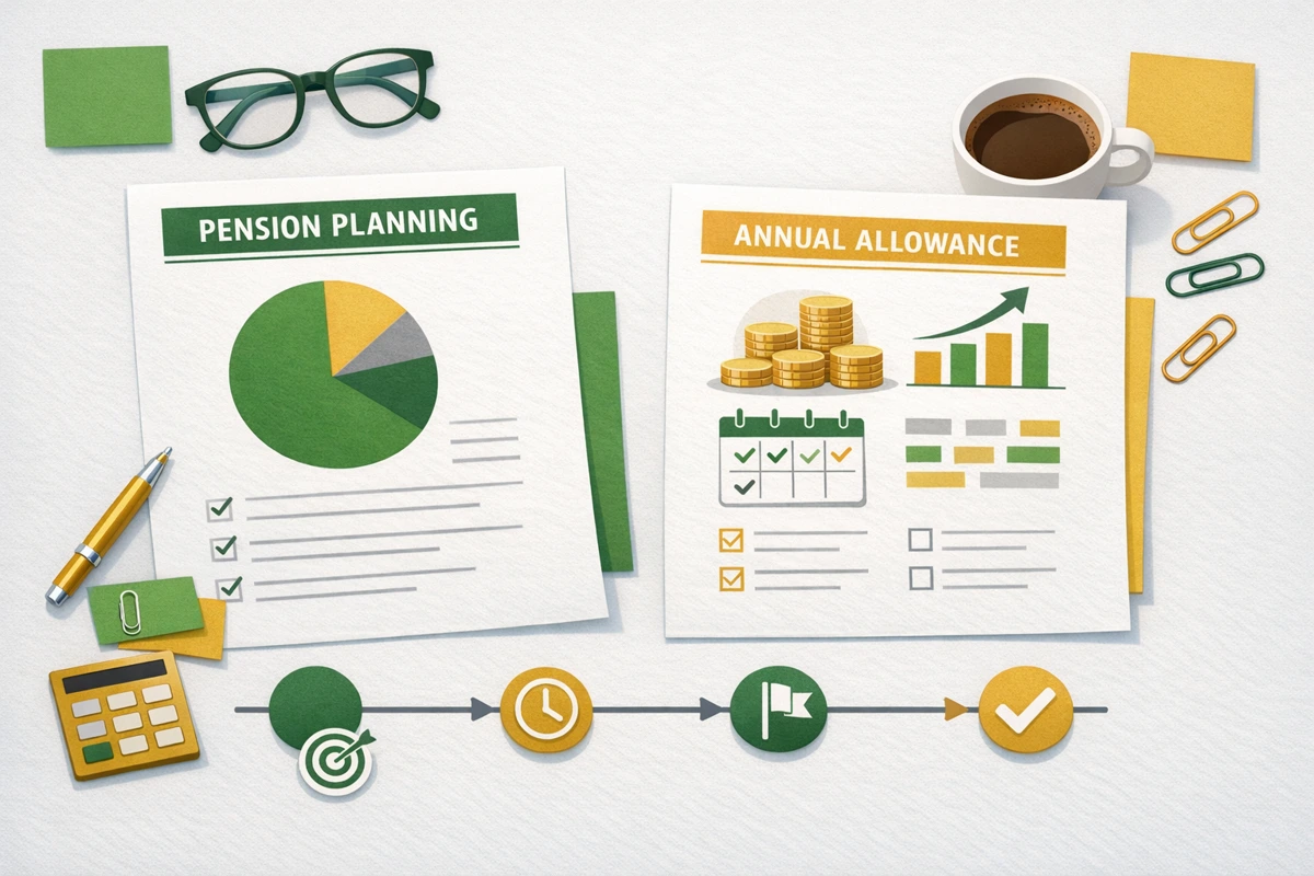 Infographic-style visual showing annual allowance, taper floor, MPAA, and carry forward window for UK pension planning