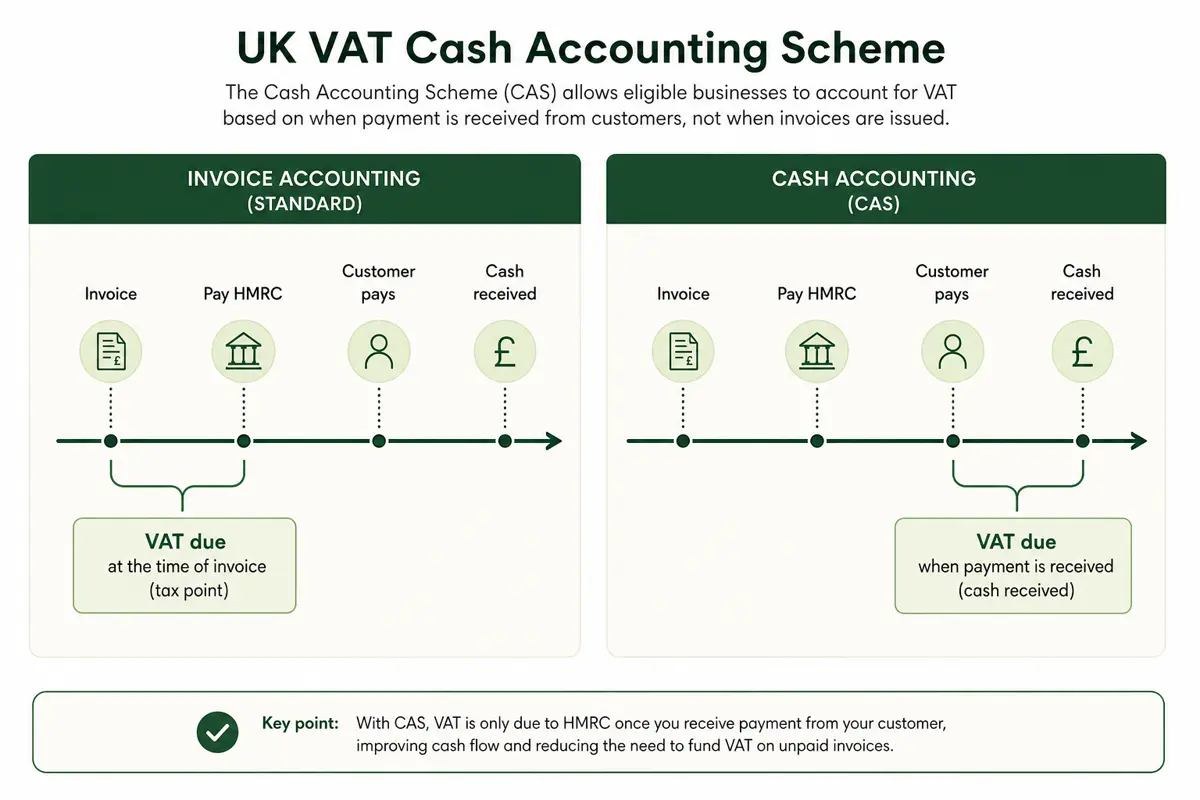 Timing comparison showing invoice accounting versus cash accounting for VAT, with customer payment and VAT due dates shown separately