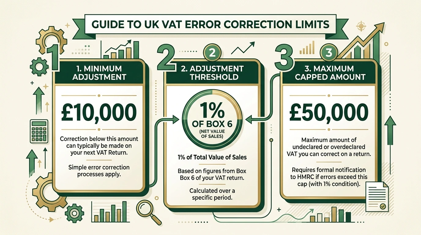 Branded visual explaining VAT error correction limits with £10,000, 1% of Box 6, and the £50,000 cap