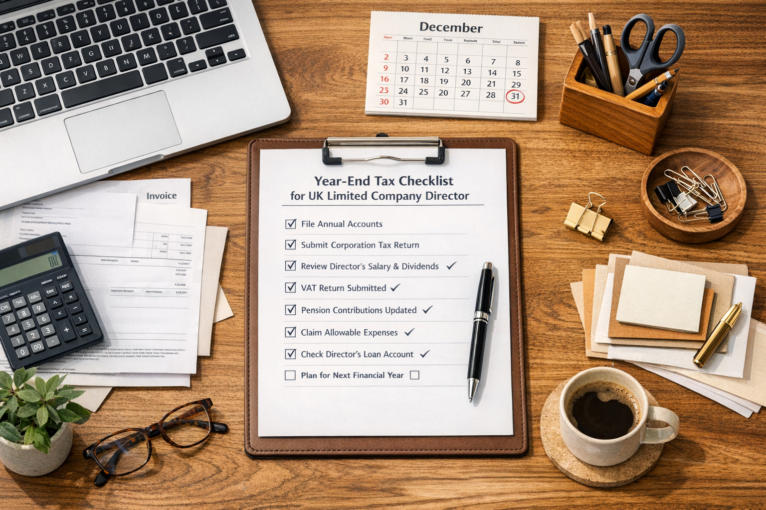 Clean desk planning scene with tax checklist, laptop dashboard, and UK deadline notes for company directors