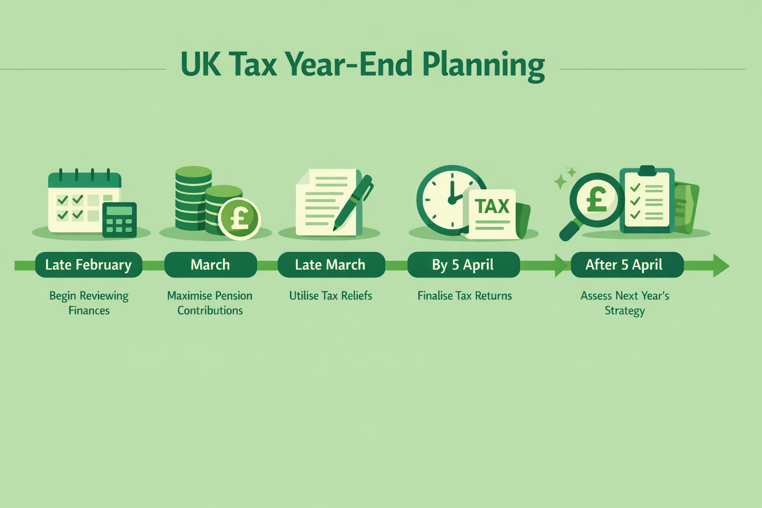 Calendar-style year-end timeline showing key UK director tax planning actions before 5 April 2026